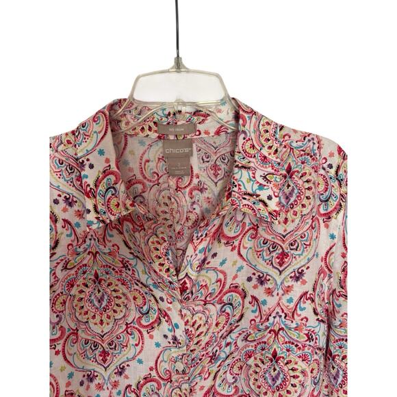 Chico's Women Linen Tunic Button Up No Iron Size 2, Large Floral Paisley - Picture 3 of 5